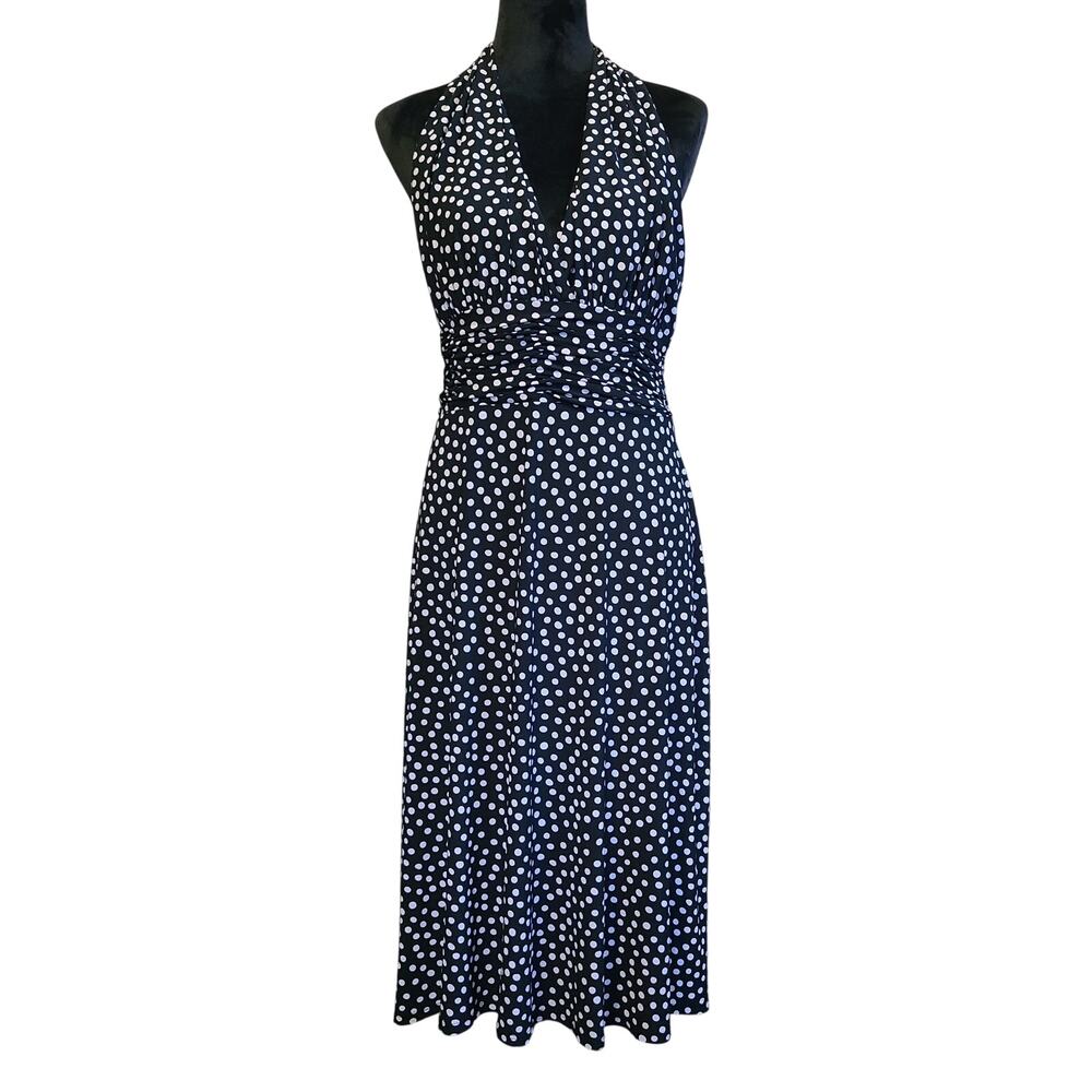 Jones Studio Polka Dot Babydoll Halter Midi Dress Womens 14 Black Retro Romantic